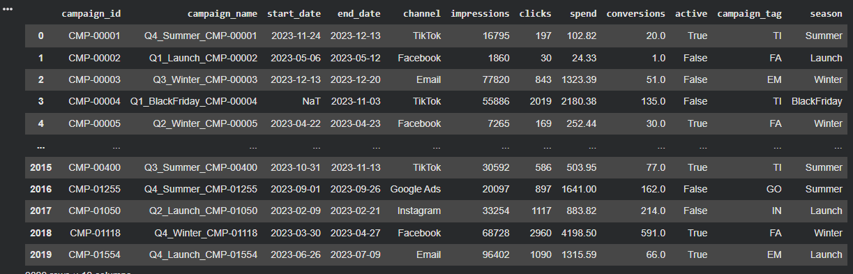 Clean marketing campaign data output showing standardized columns and corrected records